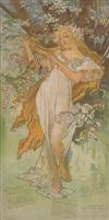 ALPHONSE MUCHA (1860-1939). [THE SEASONS.] 4 calendar sheets. 1897. Each panel is 16x8 inches, 41x21 cm. Ketterlinus Lithographic Mfg.